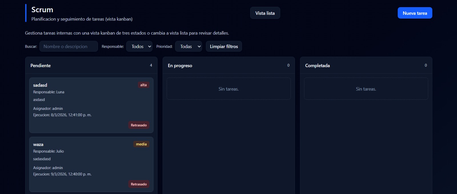 Captura de tareas internas tipo kanban